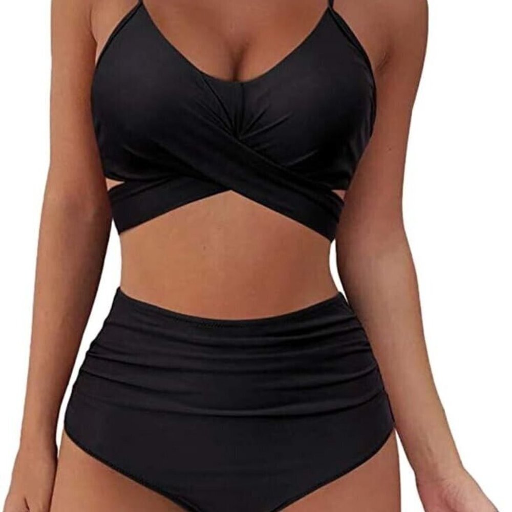 Summer Mae Bikini Swimsuit Front Cross Tie Up Two Piece Black XL NWT